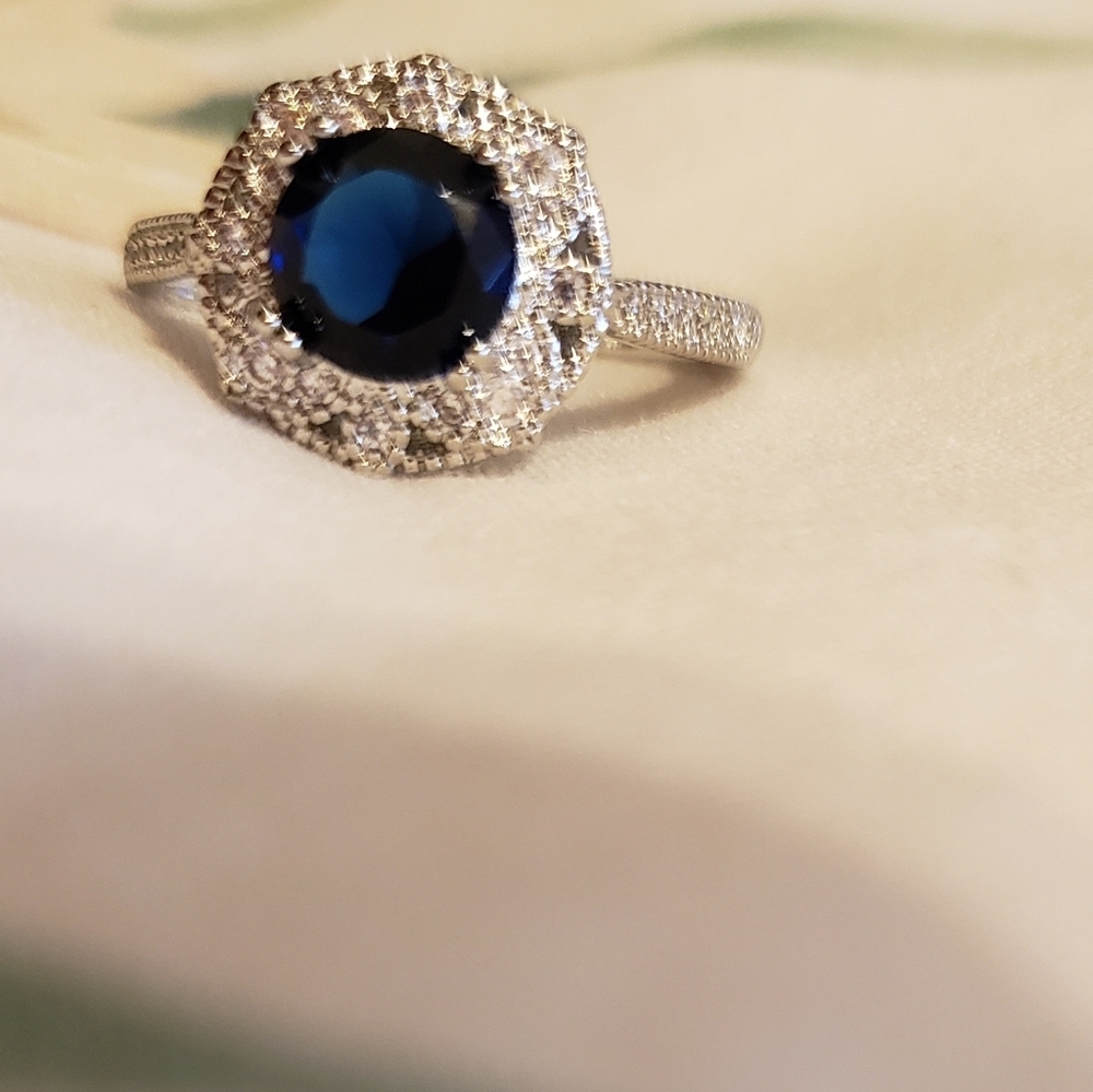 NEW .925 Sterling Silver Sapphire & CZ Halo Ring Delicate Fashion Sapphire - Picture 5 of 8